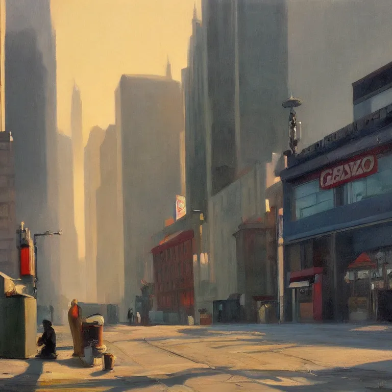 Image similar to trash flowing everywhere, piles of trash, city fog, early morning, , painted by Edward Hopper, painted by Wayne Barlow, airbrush