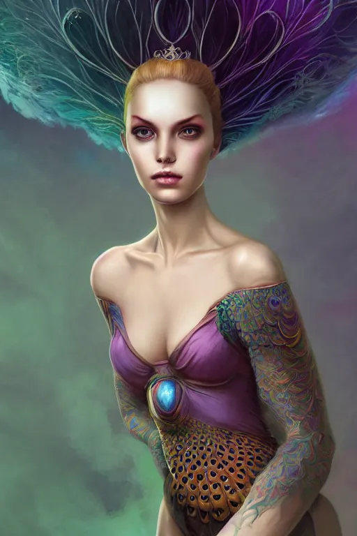 Prompt: portrait of an elegant alien peacock woman queen, straight on portrait, full body character concept art, concept art, by artgerm, tom bagshaw, gerald brom, vaporwave colors, lo - fi colors, vaporwave, lo - fi, moody vibe, goth vibe, 4 k, hd,