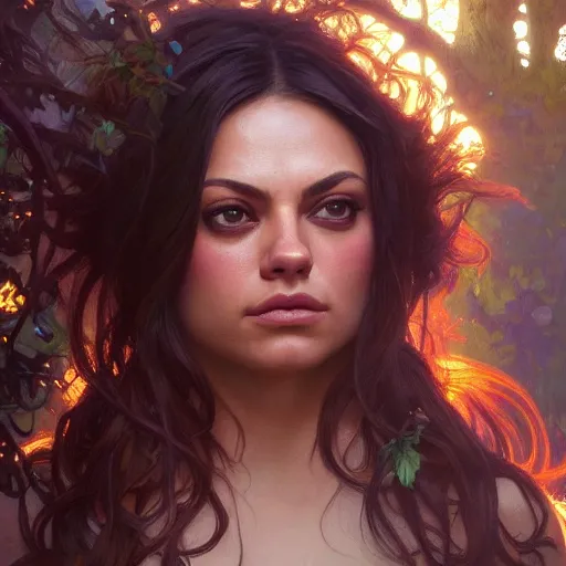 Prompt: a beautiful closeup portrait of mila kunis, magical forest background, serene colors, dramatic light, gorgeous view, depth, high detail, digital art, painted by alphonse mucha and greg rutkowski, trending on artstation