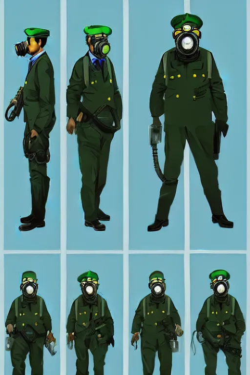 Image similar to cops member departement using gas mask, with blue and green blouse, high member use army hats. digital art, graphic novel, pop art, bioshock art style, accurate, detailed, gta chinatown art style, dynamic, face features, body features, ultra realistic, concept art, smooth, sharp focus, art by richard hamilton and mimmo rottela