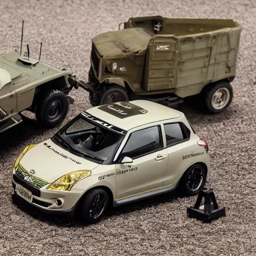 Image similar to 1/24 scale model of Suzuki swift Sport with a 1/35 scale model of a sdkfz 251 in the background, high quality, Model photograph, high detail, 8k, studio lighting