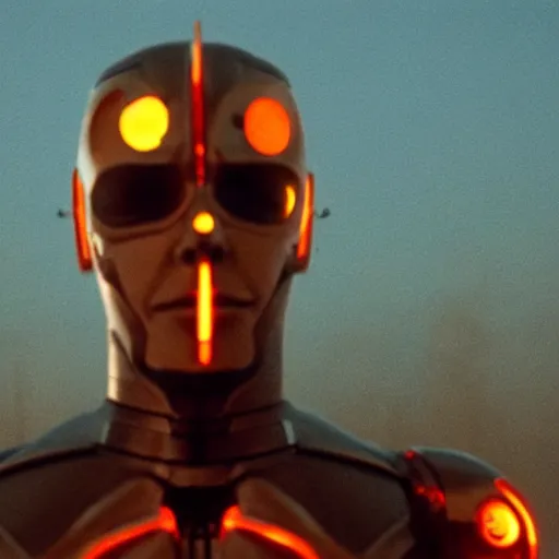 Image similar to movie still of cyborg with sun head, cinematic composition, cinematic light, criterion collection, by edgar wright