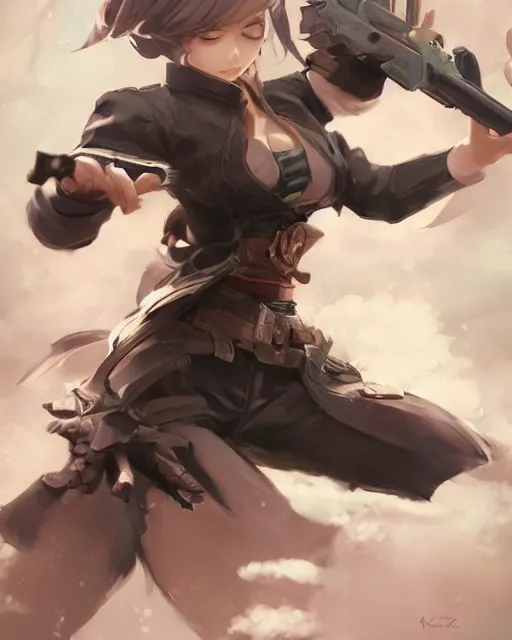 Image similar to a ( girl as personification of hand gun ), fantasy bakery, digital art by krenz cushart, laurie greasly, wlop, artgerm, intricate, ( highly detailed figure ), sharp focus, smooth, epic composition, joyful, unreal engine