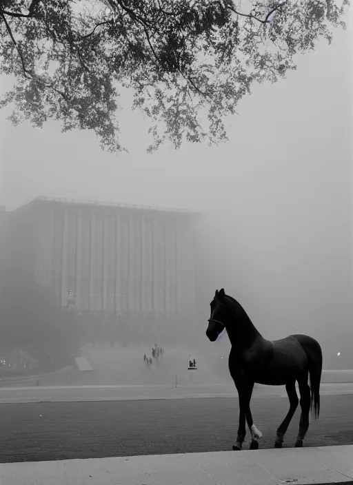 Image similar to a photograph of a horse in front of the metropolitan museum of art, foggy, 3 5 mm, color film camera, pentax