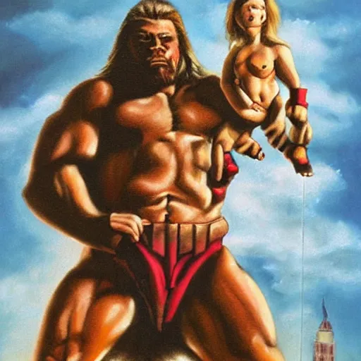 Image similar to giant wwf ultimate warrior holding small woman in his hands climbing a tall building like king kong, highly detailed, oil painting