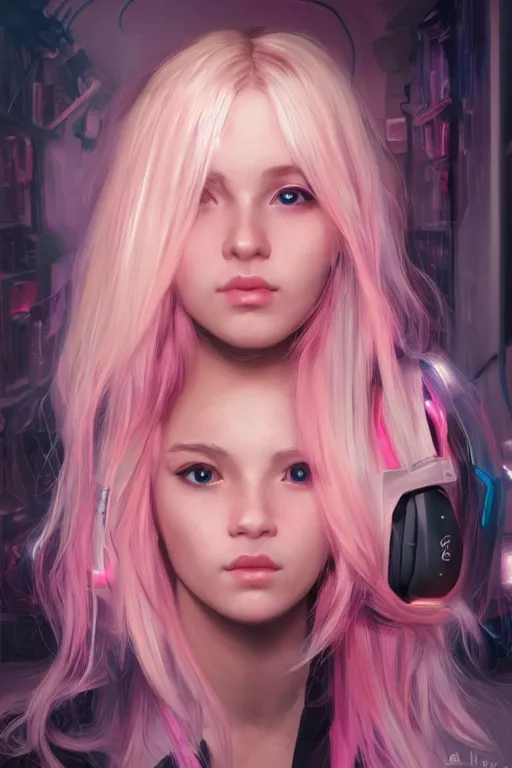 Image similar to gamer girl with blonde hair and dark eyes playing on her computer, portrait shot, face lit up by the monitor, pink gaming headset, dark atmosphere, dynamic lighting, intricate and very very beautiful, highly detailed, digital painting, artstation, concept art, smooth and sharp focus, illustration, art by tian zi and wlop and alphonse mucha