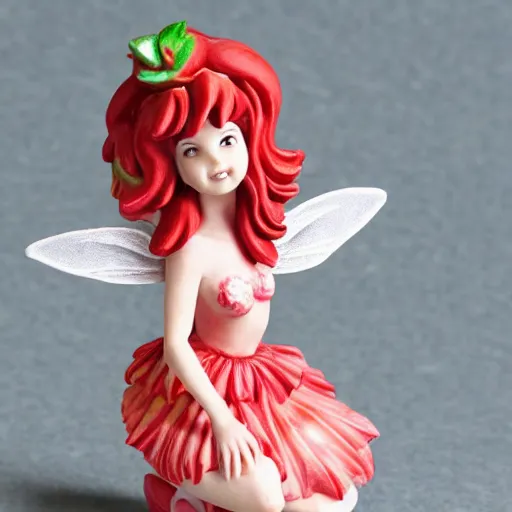 Prompt: a femo figurine of a cute funny strawberry fairy with a frilly floral dress