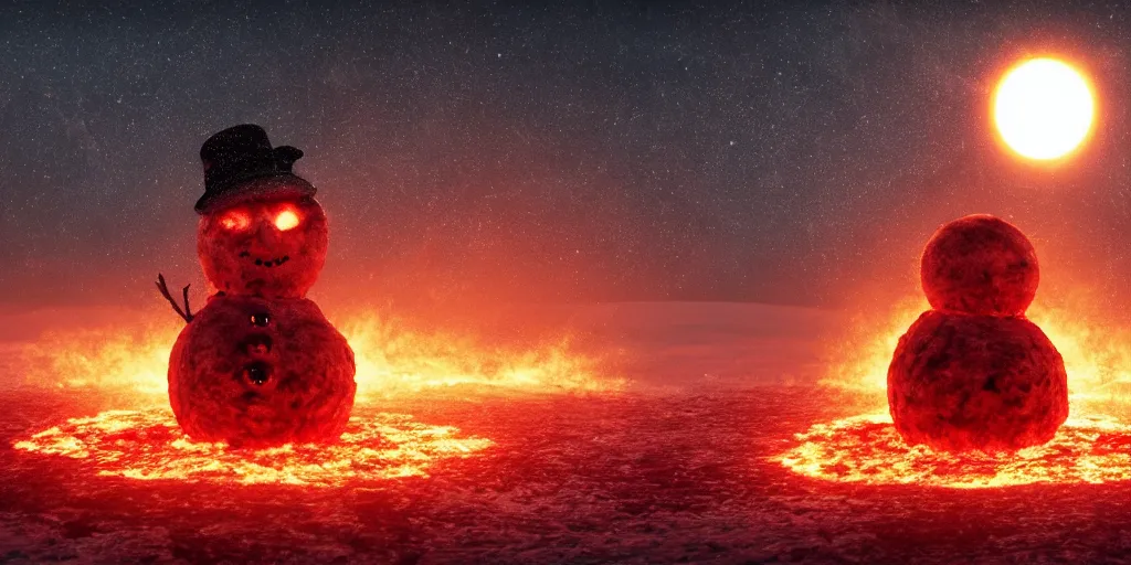 Image similar to a melted glowing snowman melting on top of the sun. the ground is made of fire and lava and is glowing orange. cinematic, dramatic, epic, volumetric lighting, atmospheric, red, orange extremely coherent, masterpiece, highly detailed, trending on artstation, 8 k, space, warm, solar flare, blade runner 2 0 4 9