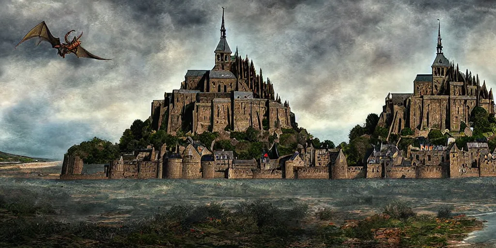 Image similar to landscape of Mont Saint-Michel under attack by dragons, highly detailed digital art