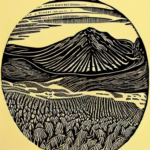 Image similar to intricate, detailed, Linocut Art on paper of canadian fields and mountains. Epic Latin American Linocut Art by leopoldo mendez.