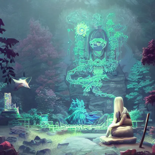 Prompt: 3 d scene of a japanese temple portal modelling goddess close - sakura trees everywhere, woodsman wearing a steampunk and neonpunk mechanical fluorescent mystical animal mask in strange misty mountain landscape. betta fish, jellyfish phoenix, bio luminescent, plasma, ice, water, wind, creature, artwork by tooth wu and wlop and beeple and greg rutkowski