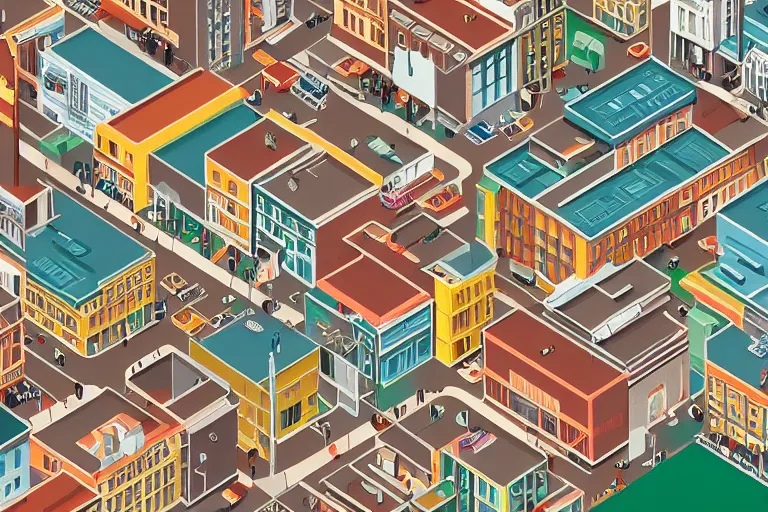 Image similar to isometric illustration of a city scape by Wes Anderson, hyperrealistic, photorealistic, artstyle, highly detailed, sharp