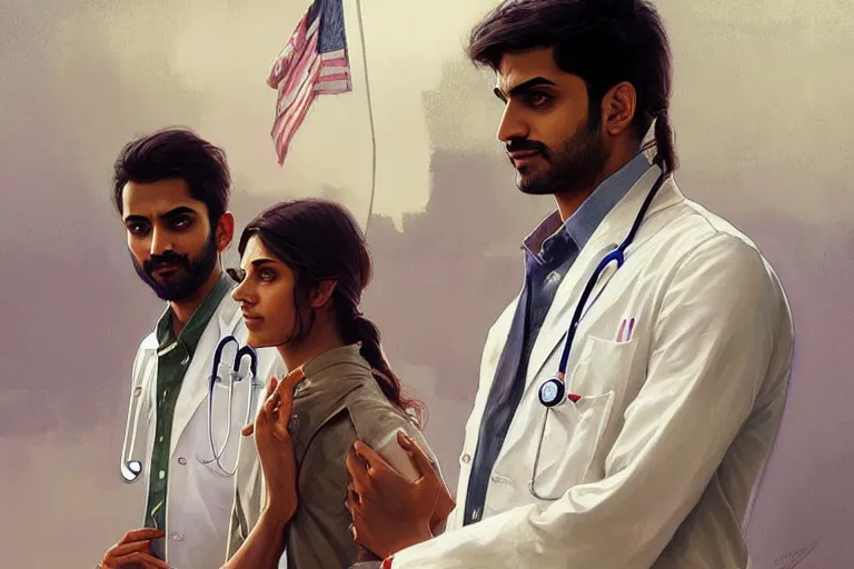 Image similar to Anxious good looking pale young Indian doctors wearing American clothes at the airport, portrait, elegant, intricate, digital painting, artstation, concept art, smooth, sharp focus, illustration, art by artgerm and greg rutkowski and alphonse mucha