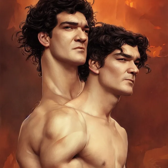 Image similar to handsome young antonio banderas, masterpiece, intricate, elegant, highly detailed, digital painting, artstation, concept art, smooth, sharp focus, illustration, art by artgerm and greg rutkowski and alphonse mucha and huang guangjian and gil elvgren and sachin teng, symmetry