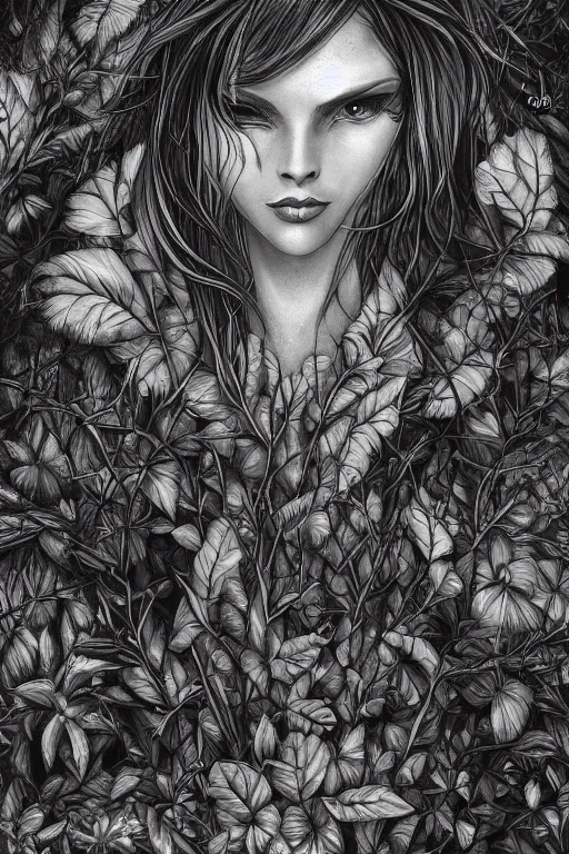 Image similar to book cover | plant fairy | digital painting | highly detailed | ultra realistic | dark fantasy | vivid colors | cinematic atmosphere | hyper detailed | black and white | strong lines