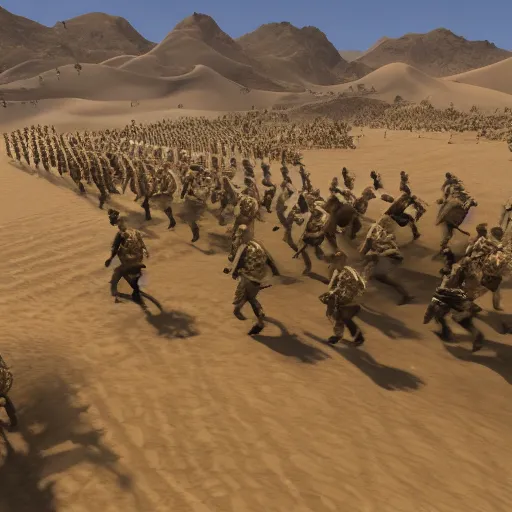 Prompt: battlefield 2 0 4 2 style army of jews running across the desert towards a pile of gold bullion, unreal engine 5, 8 k, cinematic,