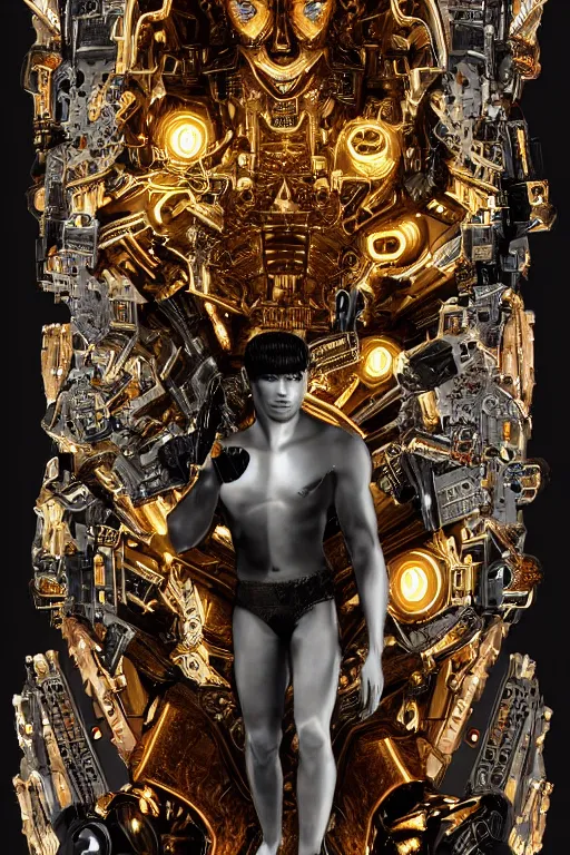 Image similar to full-body bladerunner style sculpture of a young handsome Latino prince as a half cibernetic android with a chest opening exposing circuitry and electric sparks, glowing laser beam eyes, crown of giant diamonds, flowing neon-colored silk, fabric, raptors. baroque elements. full-length view. baroque element. intricate artwork by caravaggio. reflective surfaces. Trending on artstation, octane render, cinematic lighting from the right, hyper realism, octane render, 8k, depth of field, 3D