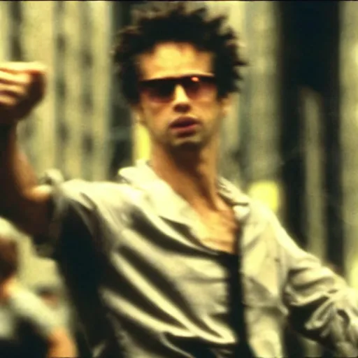 Image similar to zack de la rocha dancing in new york film still from fight club