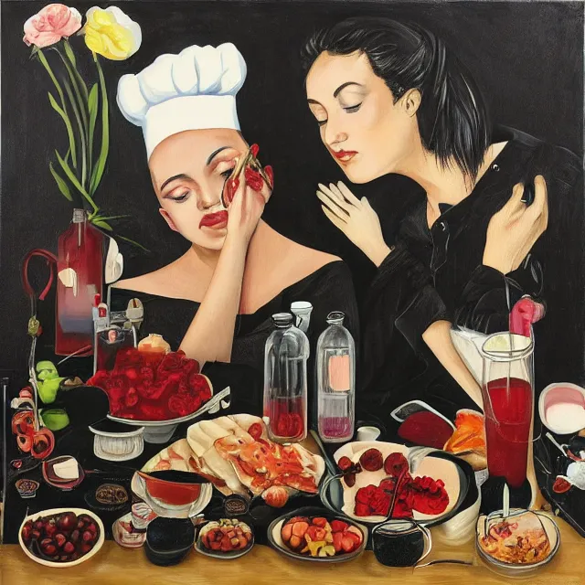 Prompt: black hotel room with black walls and a futon, berry juice, dripping, a sensual portrait of a female chef holding a piglet, octopus, intravenous drip, wilted flowers, pomegranate, pancakes, berries, surgical supplies, scientific glassware, candles, neo - expressionism, surrealism, acrylic and spray paint and oilstick on canvas