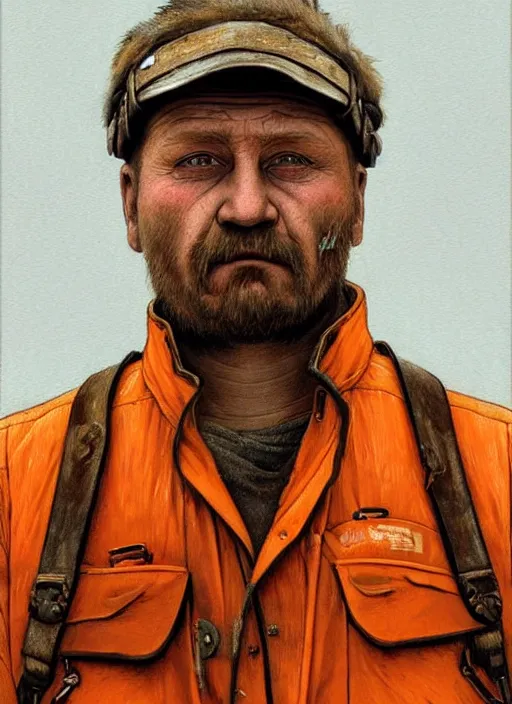 Image similar to a russian railroad electrician!!!, male!!, wearing orange vest!!, siberia!!, portrait, 3 5, dirty, fat, ugly, intricate, elegant, highly detailed, digital painting, artstation, concept art, wallpaper, smooth, sharp focus, illustration, art by artgerm and greg rutkowski and alphonse mucha