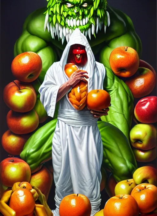 Prompt: full body shot of a monster man in a white toga, green skin, dressed in all white, clothes covered in different fruit, apples, oranges, bananas, intricate, highly detailed, concept art, hyperrealistic, oil painting by greg staples and tristan eaton, 8 k