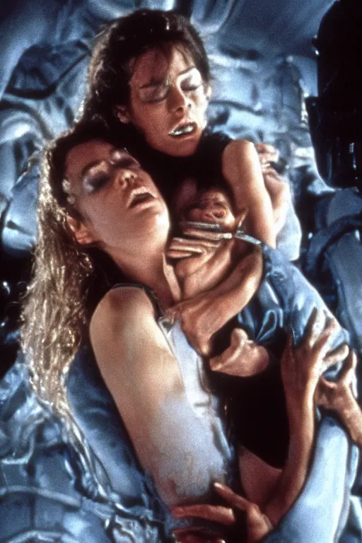 Image similar to film still of sofia vergara in the movie Alien, xenomorph holding sofia in a chokehold, sofia unconscious, cinematic shot, 4k.