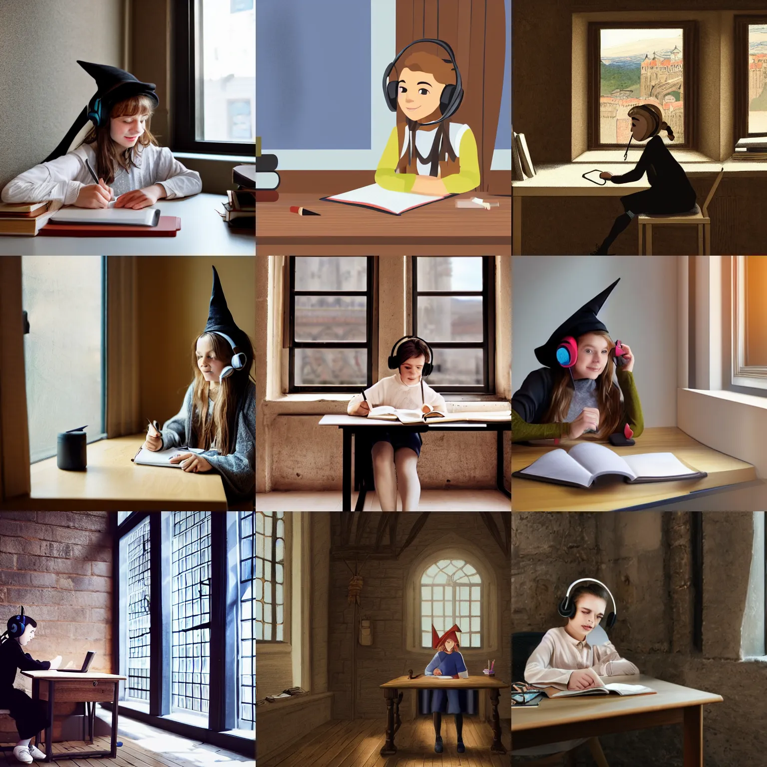 Prompt: young witch with headphones doing homework at a desk next to a window with a medieval city outside