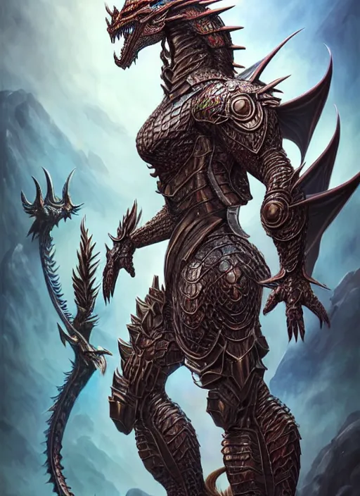 Prompt: muscular and tall humanoid dragon!!!! draconian!! intricate ornate iridescent heavy armor!! character concept art, sharp focus, octane render! unreal engine 5! highly rendered!! trending on artstation!! detailed linework!! illustration by artgerm, wlop, and chie yoshii