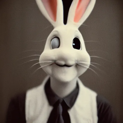 Image similar to Portrait of a bugs bunny, Expired Burned Film from 1930s, Softbox Lighting, Sigma 85mm Lens F/8