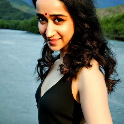 Prompt: photograph of shraddha kapoor near a river, mountains in background, night time