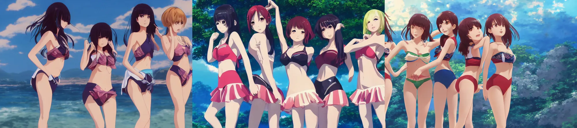 Prompt: unbelievably beautiful, perfect, dynamic, epic, cinematic 8 k hd anime shot, three beautiful cute young j - pop idols av actresses in japanese girl band, posing together in swimsuits. by amagaitaro, makoto shinkai, krenz cushart, asao urata, pixiv