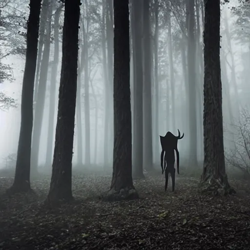 Prompt: A creepy wendigo walking through the woods at night with fog