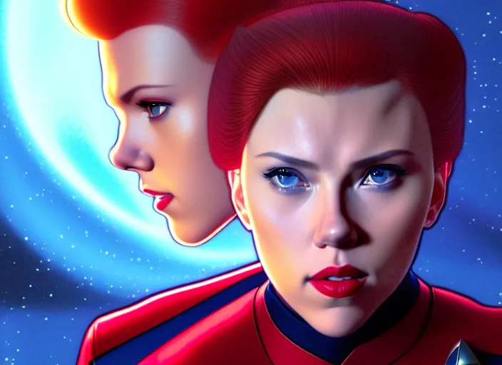 Image similar to a disney film still of scarlett johansson as a star trek officer, finely detailed features, closeup of the face, perfect art, dusk, blue hour, gapmoe yandere grimdark, trending on pixiv fanbox, painted by greg rutkowski, makoto shinkai, takashi takeuchi, alphonse mucha, akihiko yoshida