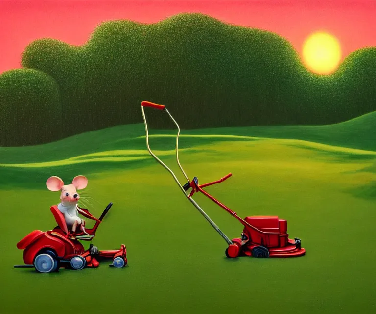 Prompt: hyper detailed 3d render like a Oil painting - a cartoon mouse riding a lawnmower across a golf course at dawn, by Jacek Yerka, Mariusz Lewandowski, Houdini algorithmic generative render, Abstract brush strokes, Masterpiece, Edward Hopper and James Gilleard, Zdzislaw Beksinski, Mark Ryden, Wolfgang Lettl, hints of Yayoi Kasuma, octane render, 8k