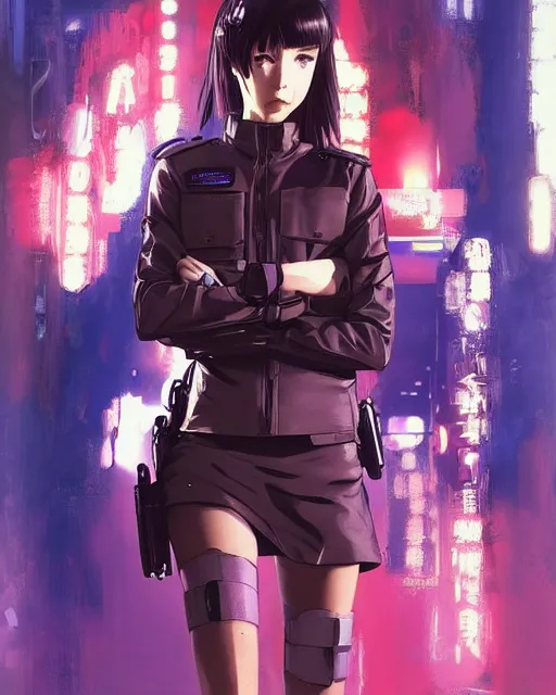 Image similar to police officer girl very very anime!!! fine face, audrey plaza, realistic shaded perfect face, fine details. anime. realistic shaded lighting cyberpunk futuristic neon tattoos styled hair reflective puffy sheen film jacket decorated poster by ilya kuvshinov katsuhiro otomo ghost in the shell magali villeneuve artgerm jeremy lipkin michael garmash rob rey