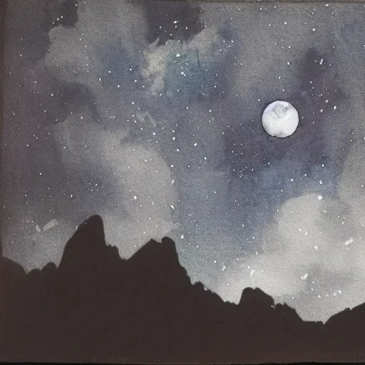 Image similar to a beautiful night sky in water color with moon and stars by ansel adams