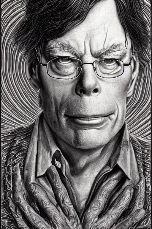 Image similar to highly detailed portrait of stephen king by alex grey, patrick woodroffe, mark ryden created by gustave dore and greg rutkowski, high detailed, smooth draw, synthwave neon retro, intricate, realistic proportions, dramatic lighting, trending on artstation