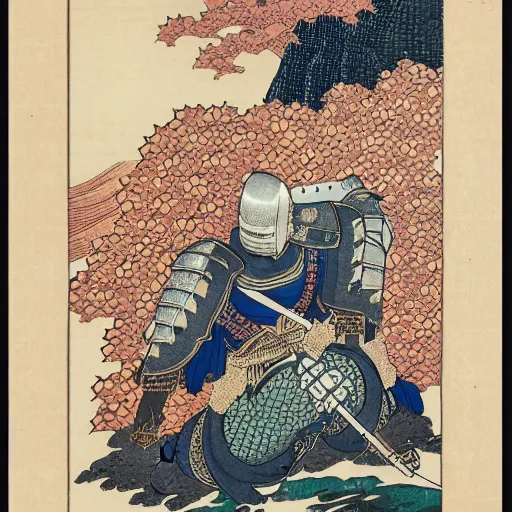 Prompt: knight in plate armor, 8k, ultra detailed, Ukiyo-e style by Katsushika Hokusai