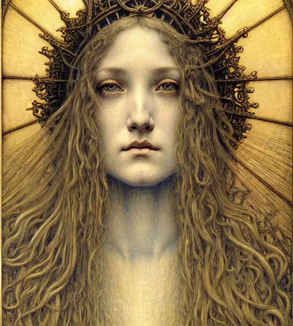 Image similar to detailed realistic beautiful young medieval queen face portrait by jean delville, gustave dore and marco mazzoni, art nouveau, symbolist, visionary, gothic, pre - raphaelite. horizontal symmetry