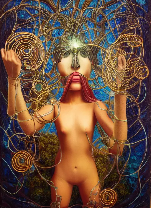Image similar to oil painting of symmetric android woman immersed in the mystical tree, druid goddess, retro futurism, renaissance painting, baroque, steampunk, golden jewellery, shining crystals, cords and wires, vr googles, filigree, biomechanics, cinematic light, 8 k