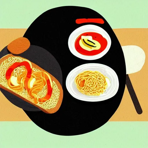 Image similar to obese cat sitting next to a slice of toast with indomie mi goreng noodles on top, traditional artstyle