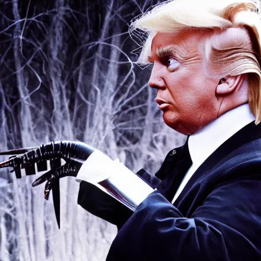 Prompt: first still from new tim burton movie has donald trump as edward scissorhands in edward scissorhands remake, ( eos 5 ds r, iso 1 0 0, f / 8, 1 / 1 2 5, 8 4 mm, postprocessed, crisp face, facial features )