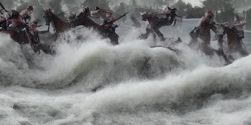 Image similar to extreme, wild water waves foam forms attacking horses, army of horsemen