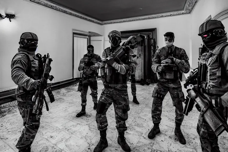 Image similar to Mercenary Special Forces soldiers in grey uniforms with black armored vest and black helmets fighting inside a mansion in 2022, Canon EOS R3, f/1.4, ISO 200, 1/160s, 8K, RAW, unedited, symmetrical balance, in-frame, combat photography