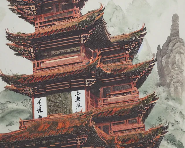 Image similar to twin buddhist pagodas in landscape, traditional chinese watercolor,