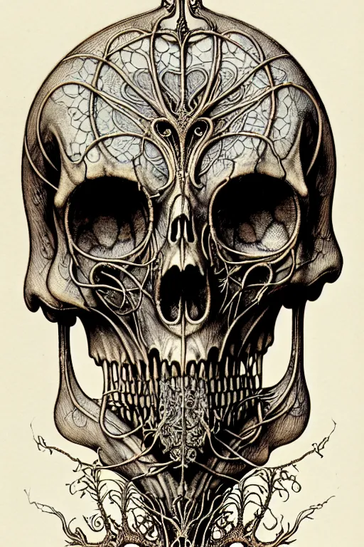 Image similar to art forms of nature by ernst haeckel, memento mori by arthur rackham, ornate antique porcelain beautiful skull mask, ultrasharp, photorealistic, hyperdetailed, octane render, polished, art nouveau, neo - gothic, gothic, intricate ornamental organic filigree, art nouveau botanicals, art forms of nature by ernst haeckel, horizontal symmetry, symbolist, visionary