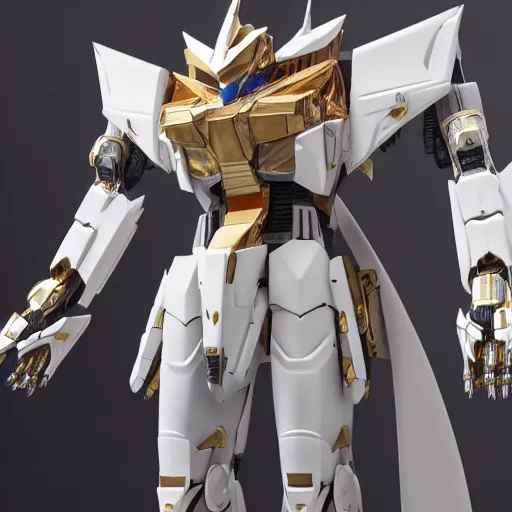 Prompt: intricate white marble and gold mecha gundam inspired full-body armour cinematic lighting mecha suit trending on artstation 8k hyperrealistic high details unreal engine 5