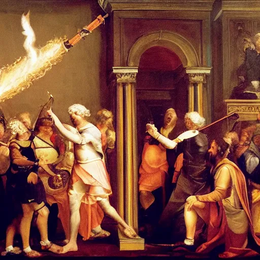 Prompt: former Federal Reserve chairman Ben Bernanke wielding a flaming sword, Renaissance painting