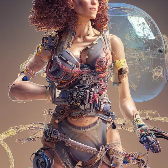 Image similar to the portrait of true neutral semi - colorful female cyborg mechanist as absurdly beautiful, gorgeous, elegant, young swimsuit model, an ultrafine hyperdetailed illustration by kim jung gi, irakli nadar, intricate linework, bright colors, octopath traveler, final fantasy, unreal engine 5 highly rendered, global illumination, radiant light, detailed and intricate environment