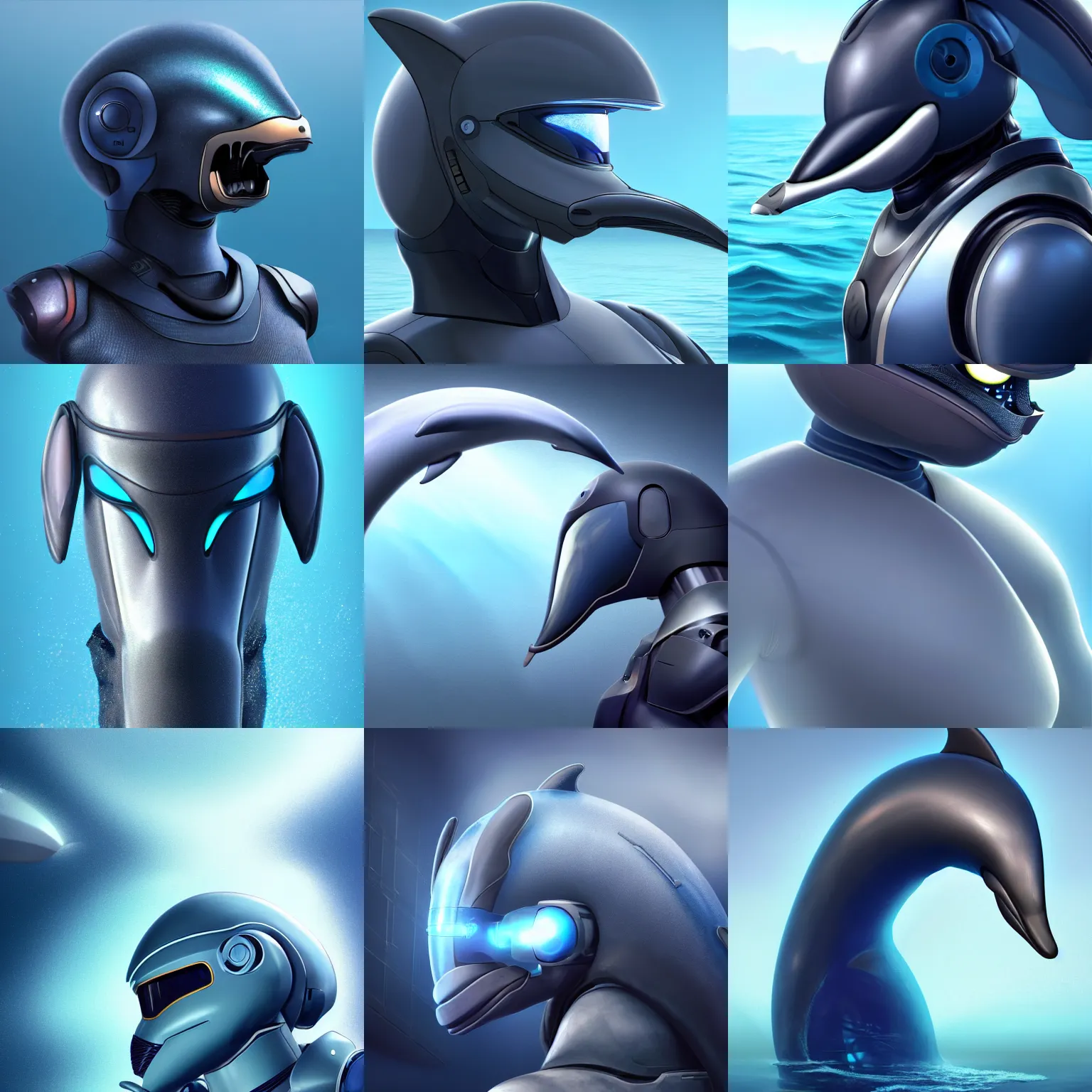 Prompt: very very beautiful furry art, male robotic anthro dolphin, integrated synthetic cetacean hybrid android, face covered by dark opaque visor, wide bottlenose snout protruding from under visor, smooth round shapes, all dark blue metal, commission on furaffinity, cgsociety, octane render, sea in background